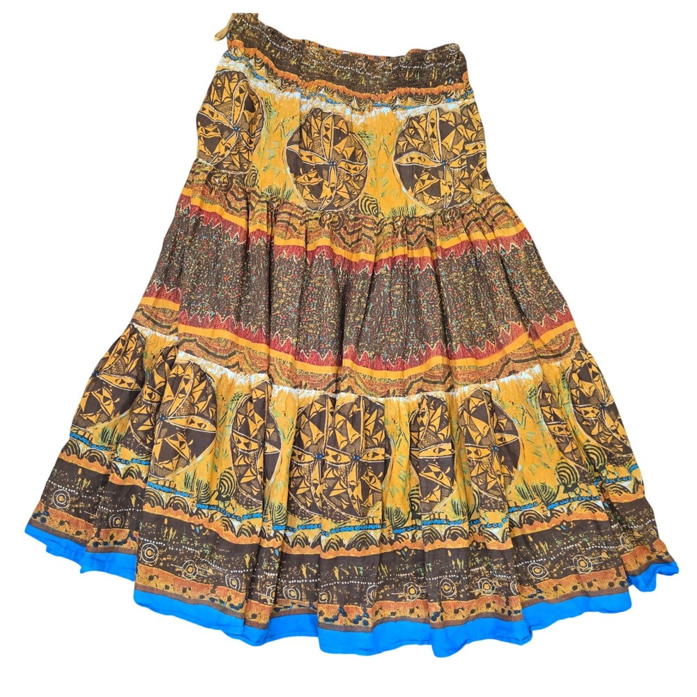 Andrew & Co Tiered Boho Maxi Skirt Orange Brown Southwestern Tribal Print Medium